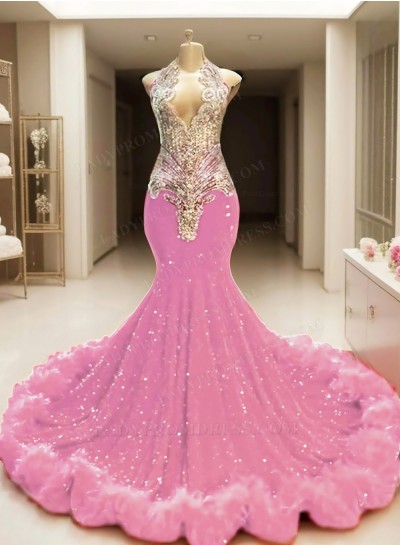 Pink Sequins V-neck Mermaid Prom Dresses with Fur Trim Appliques