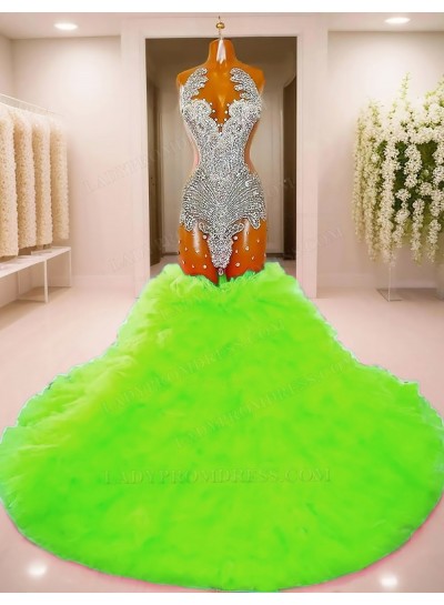 Lime Green Sheer Tulle Sequins Mermaid Multi-Layered Prom Dresses