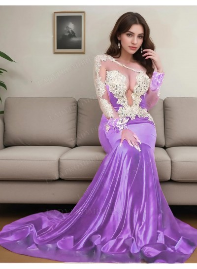 Lilac One Shoulder Satin Mermaid Sheer Lace Appliques Prom Dresses
