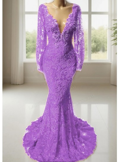 Lilac V-neck Long Sleeves Lace Mermaid Prom Dresses
