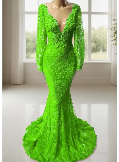 Lime Green V-neck Long Sleeves Lace Mermaid Prom Dresses