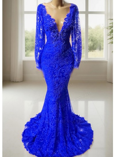 Royal Blue V-neck Long Sleeves Lace Mermaid Prom Dresses