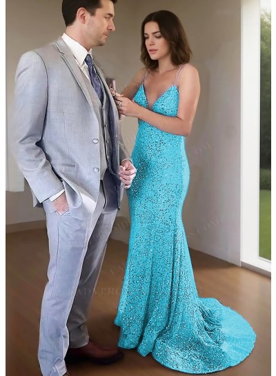 Blue Spaghetti Straps Sequins Fitted Prom Dresses