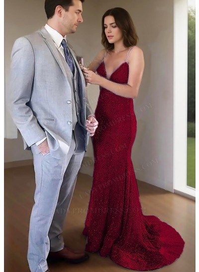 Burgundy Spaghetti Straps Sequins Fitted Prom Dresses