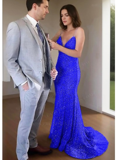 Royal Blue Spaghetti Straps Sequins Fitted Prom Dresses