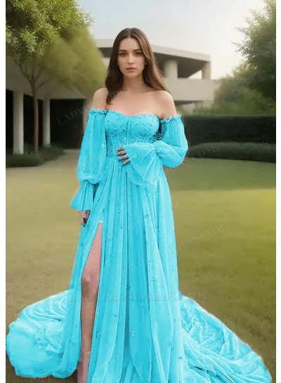 Blue Off-Shoulder Tulle Long Sleeves Slit Prom Dresses