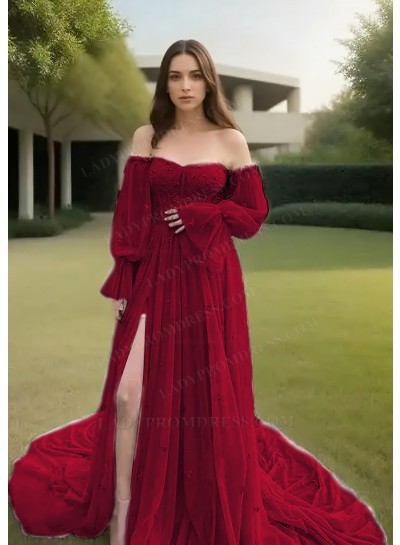 Burgundy Off-Shoulder Tulle Long Sleeves Slit Prom Dresses