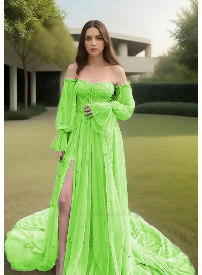 Lime Green Off-Shoulder Tulle Long Sleeves Slit Prom Dresses
