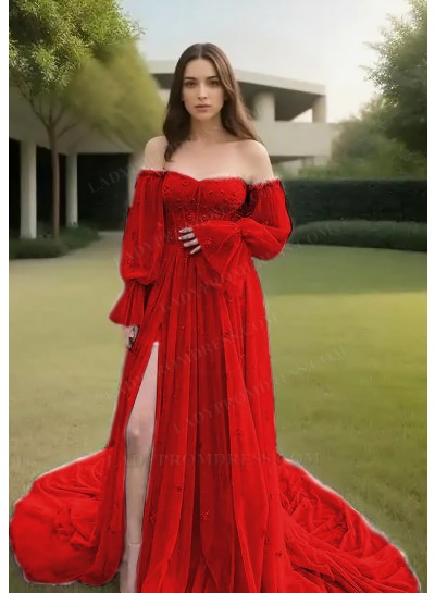 Red Off-Shoulder Tulle Long Sleeves Slit Prom Dresses