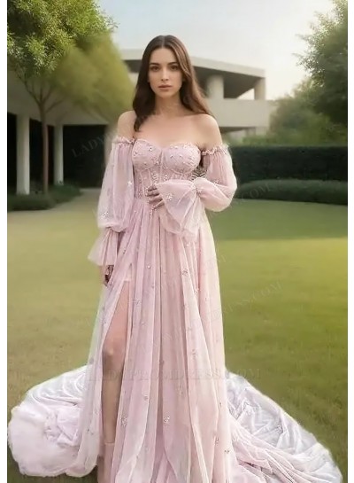 Pink Off-Shoulder Tulle Long Sleeves Slit Prom Dresses
