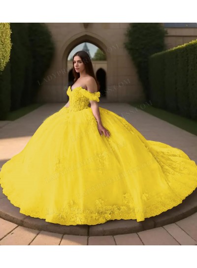 Daffodil Off Shoulder Ball Gown Floral Appliques Tulle Princess Prom Quinceanera Dresses