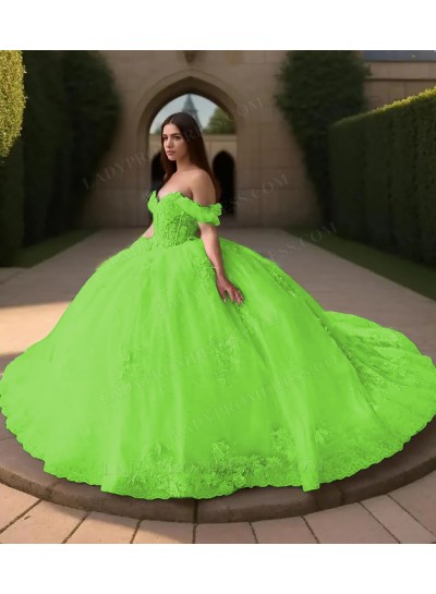 Lime Green Off Shoulder Ball Gown Floral Appliques Tulle Princess Prom Quinceanera Dresses