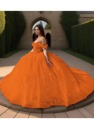 Orange Off Shoulder Ball Gown Floral Appliques Tulle Princess Prom Quinceanera Dresses