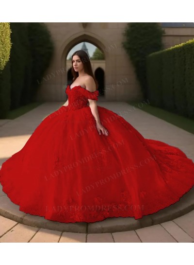 Red Off Shoulder Ball Gown Floral Appliques Tulle Princess Prom Quinceanera Dresses