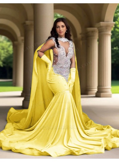 Daffodil Satin Mermaid Cape Sheer Tulle Prom Dresses with Appliques