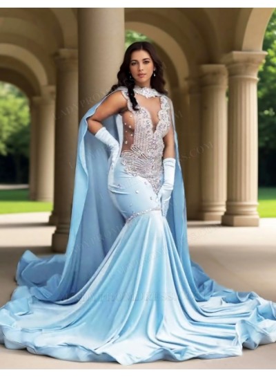 Blue Satin Mermaid Cape Sheer Tulle Prom Dresses with Appliques