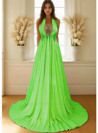 Lime Green A-line Halter Chiffon Waistline Flowy Prom Dresses