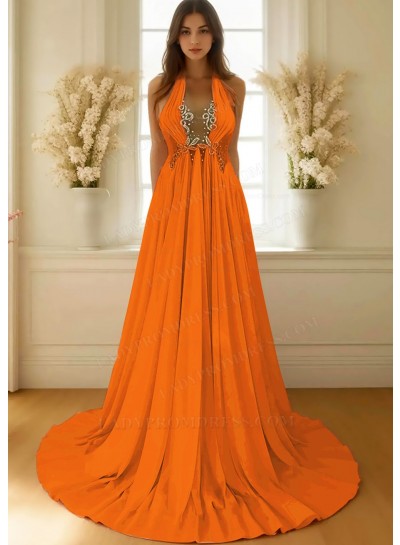 Orange A-line Halter Chiffon Waistline Flowy Prom Dresses