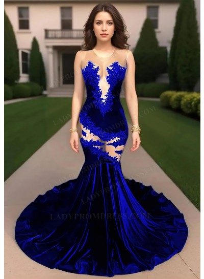 Royal Blue Velvet Mermaid Sheer Cutout Prom Dresses with Lace Appliques