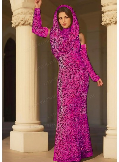 Fuchsia Sequins Full Length Draped Hooded Prom Dresses