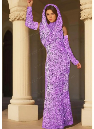 Lilac Sequins Full Length Draped Hooded Prom Dresses