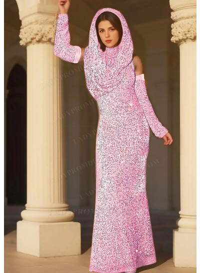 Pale Pink Sequins Full Length Draped Hooded Prom Dresses