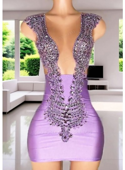 Lilac Short Sequin Sheer Back Appliques Bodycon Cocktail Dresses
