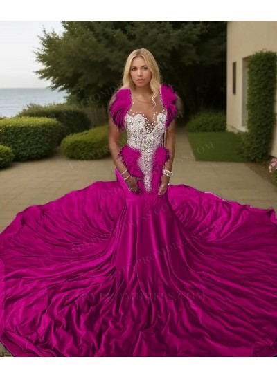 Fuchsia V-neck Satin Mermaid Appliques Train Beaded Prom Dresses with Feathers
