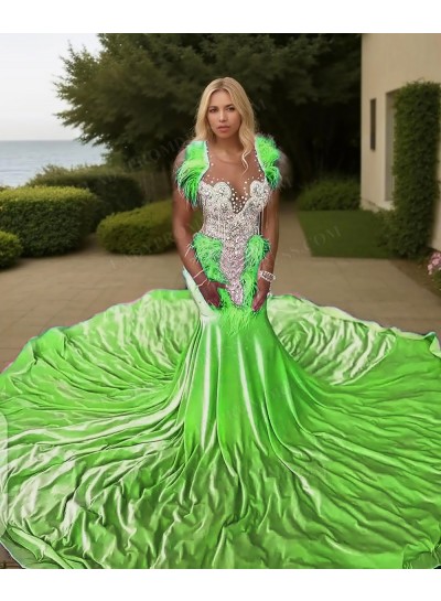 Lime Green V-neck Satin Mermaid Appliques Train Beaded Prom Dresses with Feathers