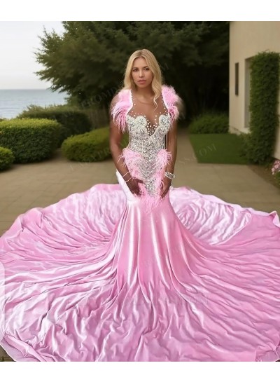 Pink V-neck Satin Mermaid Appliques Train Beaded Prom Dresses with Feathers