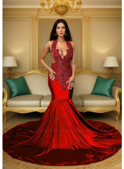 Red Satin Halter Neck Mermaid Prom Dresses with Beaded