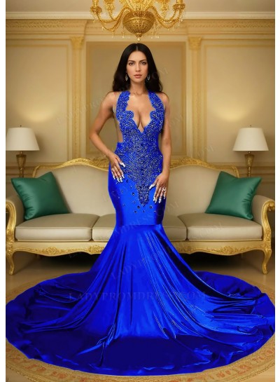 Royal Blue Satin Halter Neck Mermaid Prom Dresses with Beaded