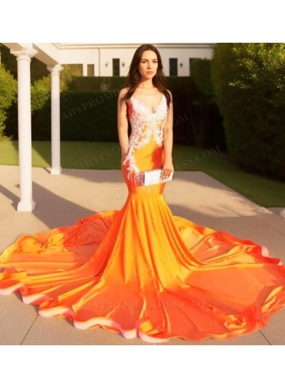 Orange V-neck Satin Accents Train Mermaid Prom Dresses with Appliques