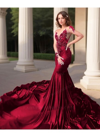 Burgundy Long Sleeves Tulle Train Mermaid Satin Prom Dresses with Appliques