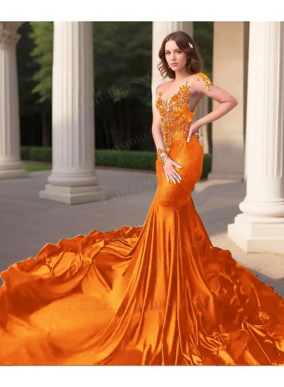 Orange Long Sleeves Tulle Train Mermaid Satin Prom Dresses with Appliques