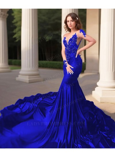 Royal Blue Long Sleeves Tulle Train Mermaid Satin Prom Dresses with Appliques