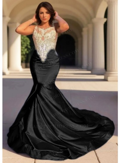 Black Satin Bodice Sleeveless Formal Prom Dresses with Appliques