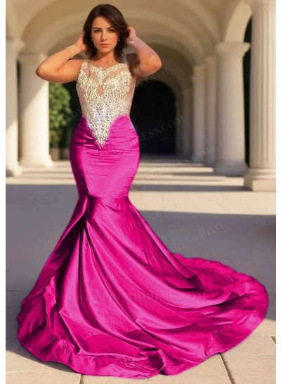 Fuchsia Satin Bodice Sleeveless Formal Prom Dresses with Appliques