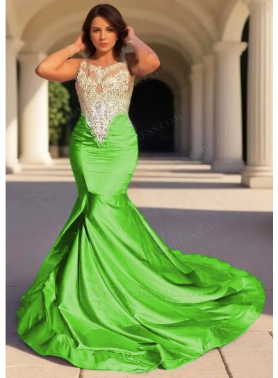 Lime Green Satin Bodice Sleeveless Formal Prom Dresses with Appliques