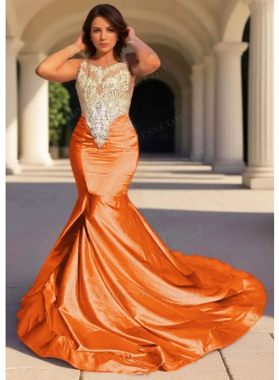 Orange Satin Bodice Sleeveless Formal Prom Dresses with Appliques