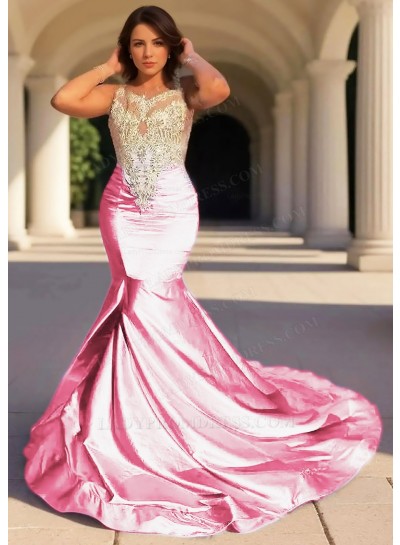 Pale Pink Satin Bodice Sleeveless Formal Prom Dresses with Appliques