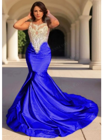 Royal Blue Satin Bodice Sleeveless Formal Prom Dresses with Appliques