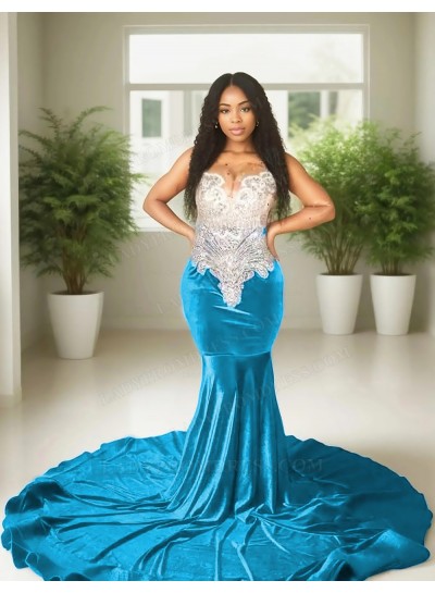 Blue Velvet Beaded Corset Mermaid Prom Dresses