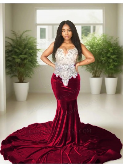 Burgundy Velvet Beaded Corset Mermaid Prom Dresses