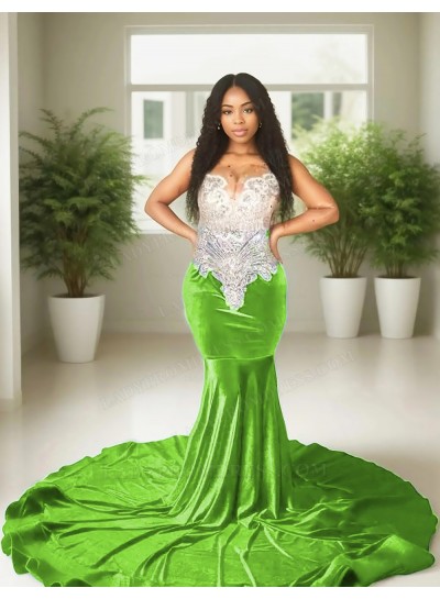 Lime Green Velvet Beaded Corset Mermaid Prom Dresses