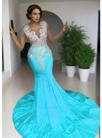Blue Sleeveless Sheer Neck Satin Mermaid Prom Dresses with Beaded