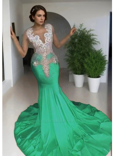 Emerald Sleeveless Sheer Neck Satin Mermaid Prom Dresses with Beaded