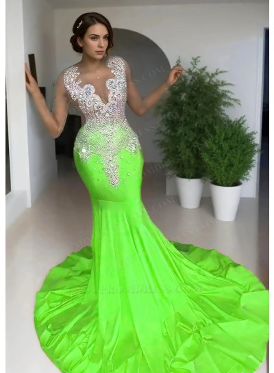 Lime Green Sleeveless Sheer Neck Satin Mermaid Prom Dresses with Beaded
