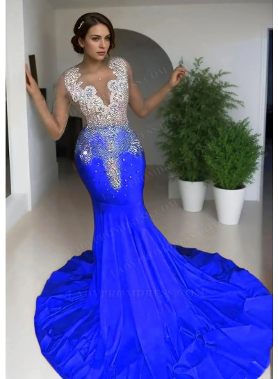 Royal Blue Sleeveless Sheer Neck Satin Mermaid Prom Dresses with Beaded