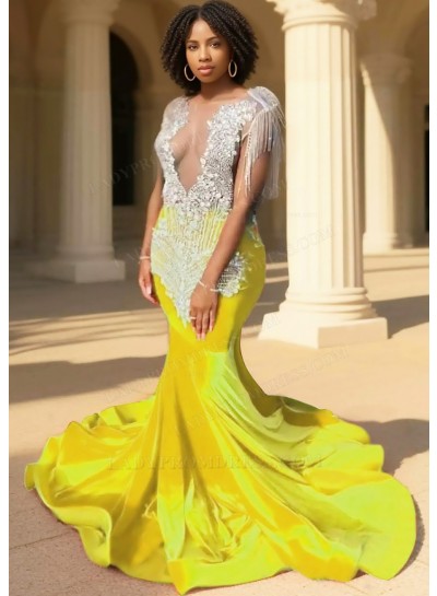 Daffodil Sequins Bodice Mermaid Velvet Prom Dresses with Fringe Beaded